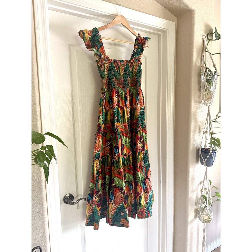 Anthropologie OPT Calypso Tropical Cotton Sundress Womens L Bold Floral Smocked - Picture 4 of 11